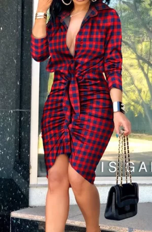 Women Professional Dress V-Neck Long Sleeve Printing Bandage Shirt Dress