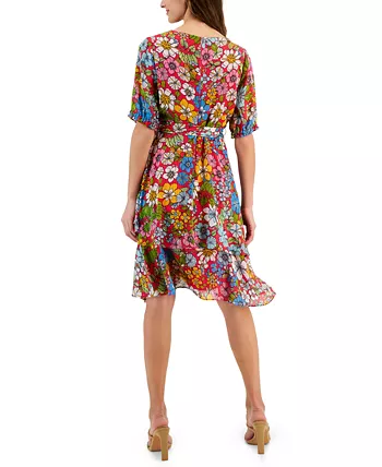 Women's Shadow Stripe Floral-Print Faux-Wrap Dress - Image 5