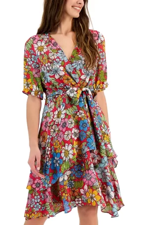 Women's Shadow Stripe Floral-Print Faux-Wrap Dress