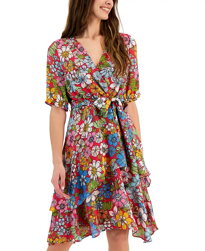 Women's Shadow Stripe Floral-Print Faux-Wrap Dress