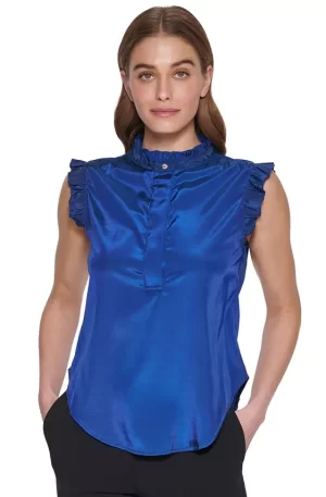 Women's Ruffled Mock-Neck Half-Button Curved-Hem Top