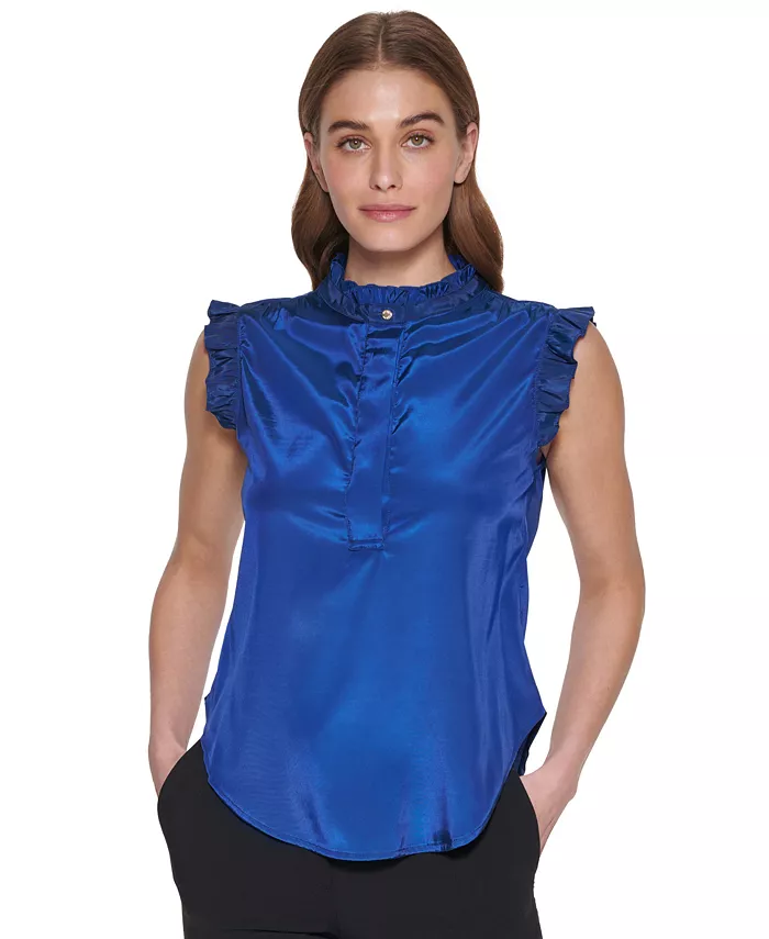 Women's Ruffled Mock-Neck Half-Button Curved-Hem Top