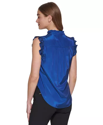 Women's Ruffled Mock-Neck Half-Button Curved-Hem Top - Image 3