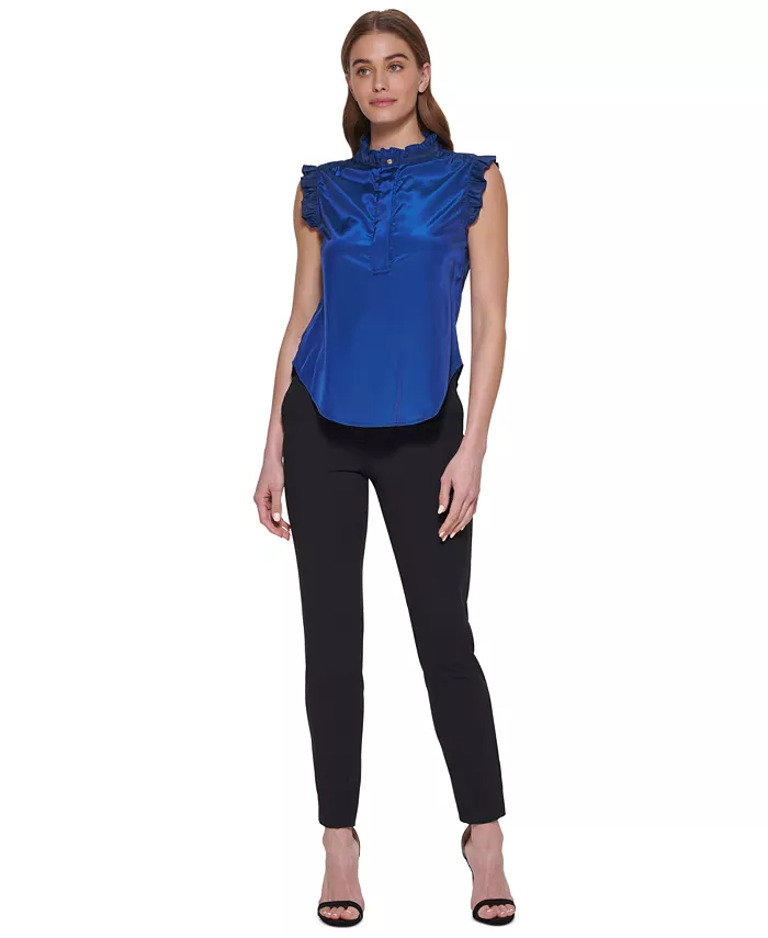 Women's Ruffled Mock-Neck Half-Button Curved-Hem Top - Image 2